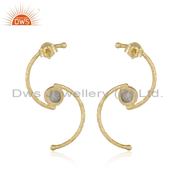 Hand textured dainty spiral gold on silver rainbow moonstone earring