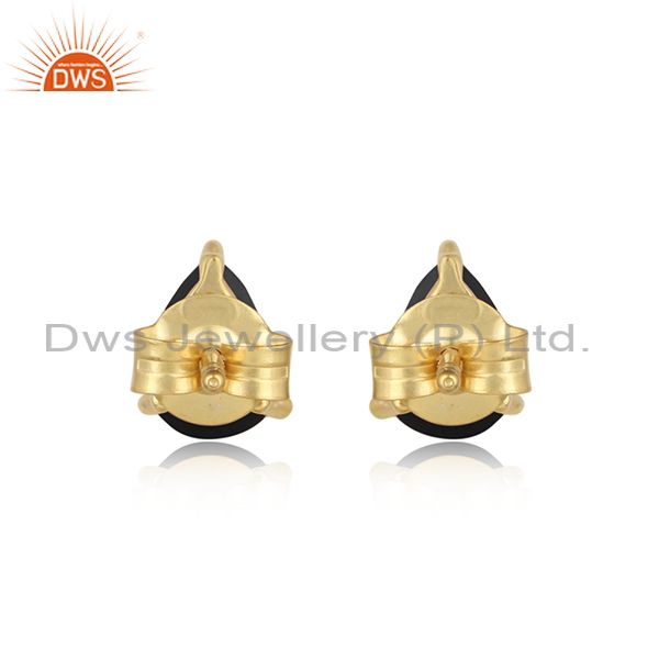 Designer dainty yellow gold on silver 925 studs with black onyx