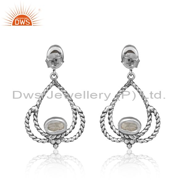 Designer oxidized silver twisted rope rainbow moonstone earring