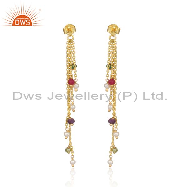 Pearl Set Gold On Silver Multi-Threads Colored End Earrings