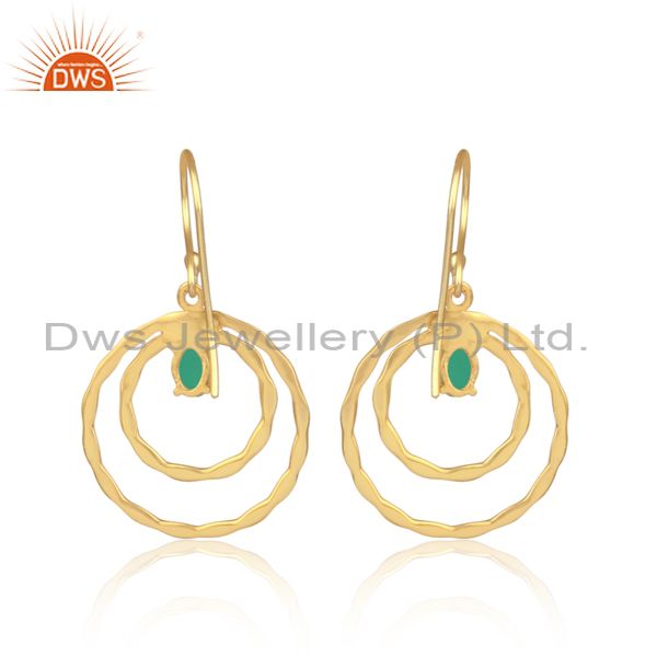 Green onyx set gold on sterling silver double hoop earrings