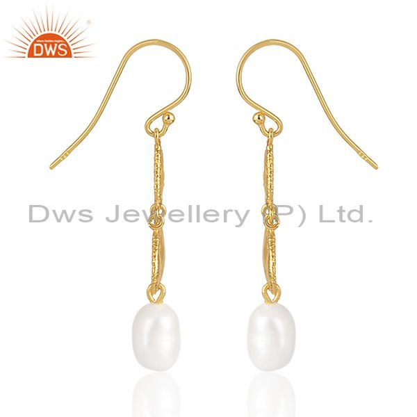 Handmade Fresh Water Pearl Set Gold On Silver Long Earrings