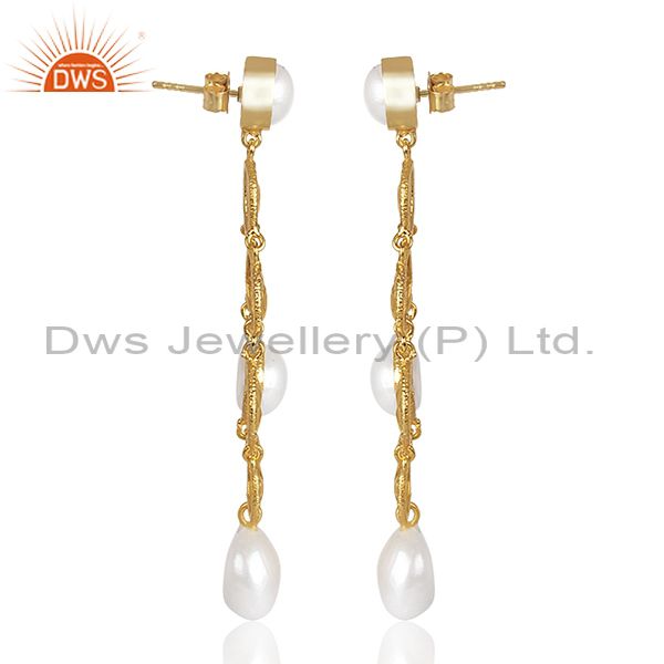 Pearls Set Handmade Long Gold On Silver Chandelier Earrings