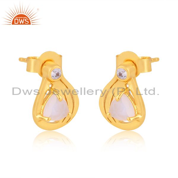 Cz And Rainbow Moonstone Set 18K Gold On Silver Earrings