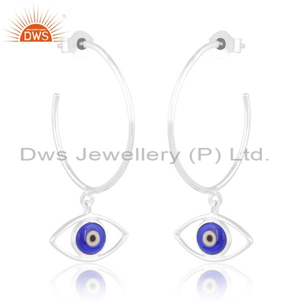 Sterling Silver Drops With Blue Resin Coin Evil Eye Stone
