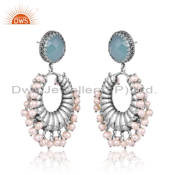 Sterling Silver Drop Earrings With Aqua Chalcedony And Pearl