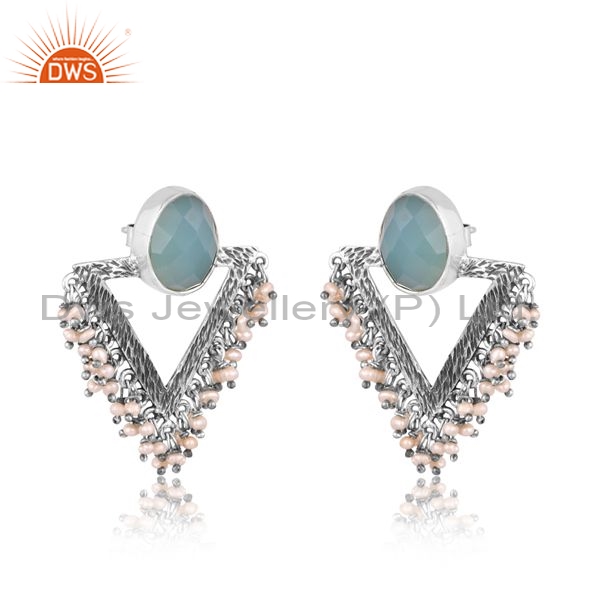 Sterling Silver Earrings With Aqua Chalcedony And Pearl Bead