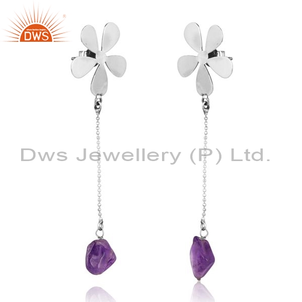 Sterling Silver Earrings With Amethyst Rough Unshaped Drops