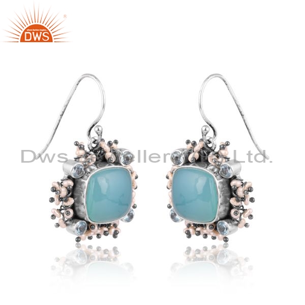 Silver Earrings With Aqua Chalcedony, Topaz And Pearl