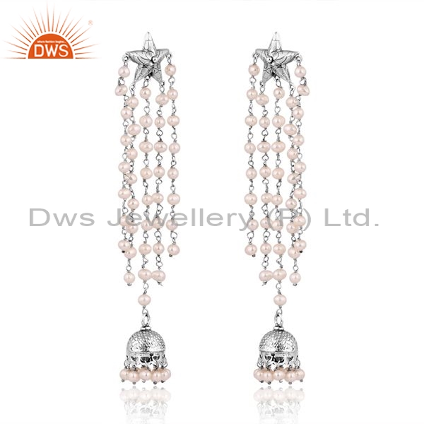 Sterling Silver Earrings With Pearl Beads Round Cut