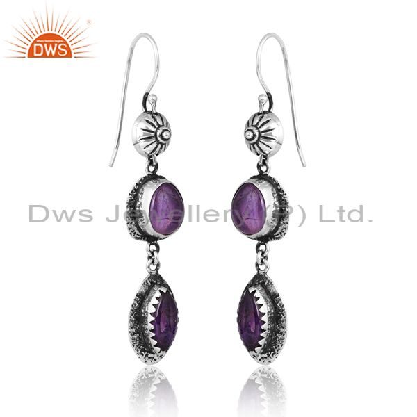 Sterling Silver Oxidized Earrings With Amethyst Cabochon