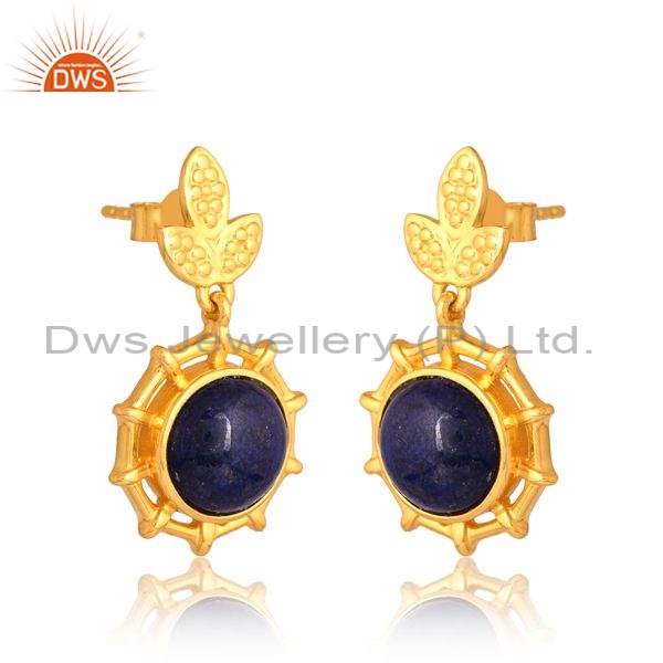 Sterling Silver Gold Earrings With Lapis Round Cut