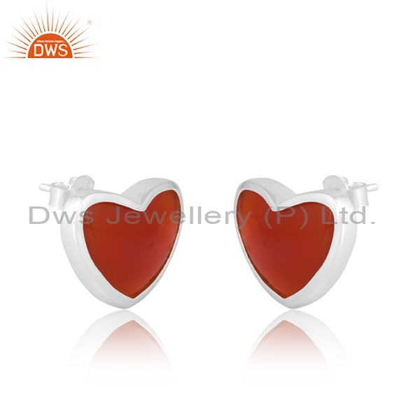 Lovable Red Onyx Heart Stud With Border In Silver Metal