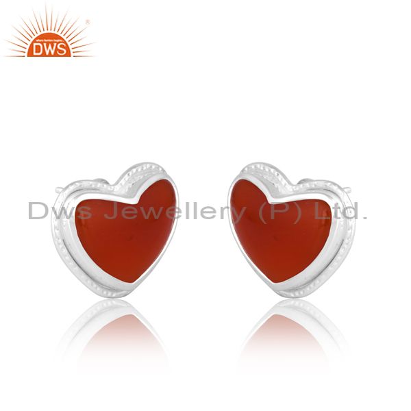 Valentine's Special Red Onyx Cabushion Heart Silver Stud