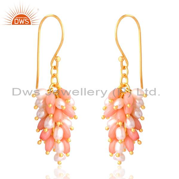 18K Gold Silver Pink Coral & Briolet Pearl Drop Earrings