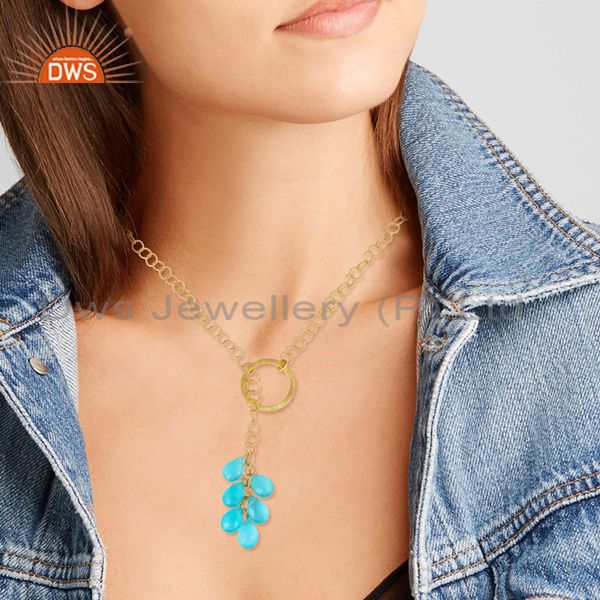 Handcrafted bold link gold on silver necklace with aqua chalcedoony