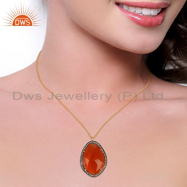 Suppliers 14K Gold Plated 925 Sterling Silver Peach Moonstone White Zircon Chain Pendant