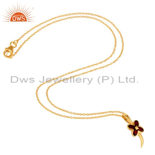 Exporter 14K Yellow Gold Plated Sterling Silver Garnet Gemstone Flower Pendant With Chain