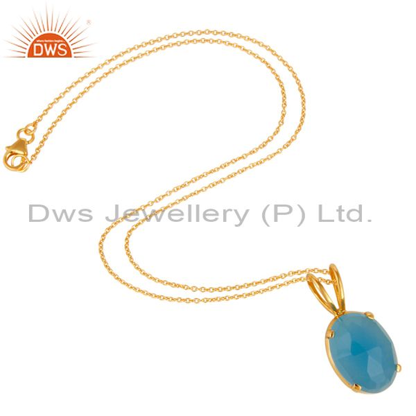 Exporter 14K Yellow Gold Plated Sterling Silver Aqua Blue Chalcedony Pendant With Chain