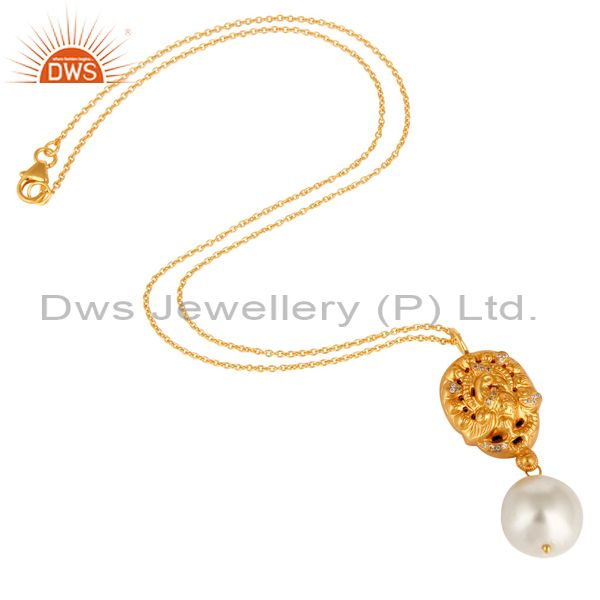 Exporter 18K Yellow Gold Plated Sterling Silver Pearl And CZ Peacock Pendant With Chain