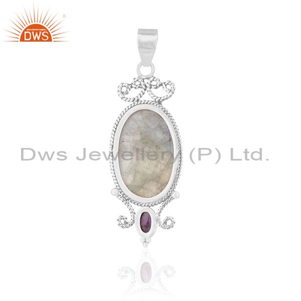 Suppliers Natural Amethyst and Moonstone Rainbow Gemstone 925 Silver Pendant Supplier