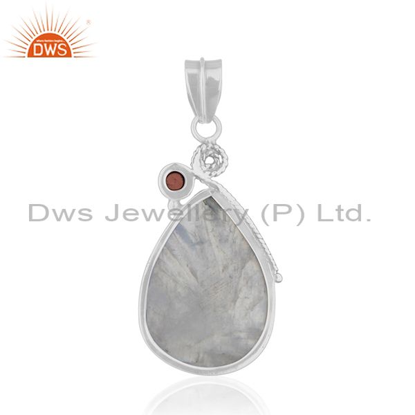 Suppliers Natural Garnet and Rainbow Moonstone Oxidized 925 Silver Pendant Wholesale