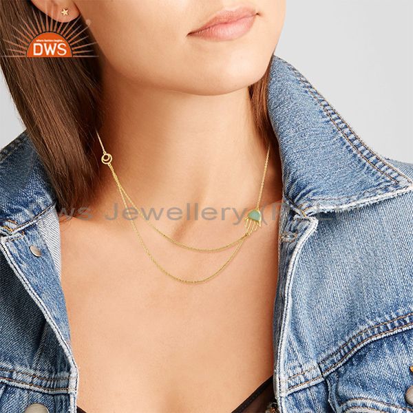 Aqua chalcedony set hamsa pendant and double chain necklace