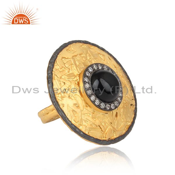 Cz And Black Onyx Gold And Black On 925 Silver Hammered Ring