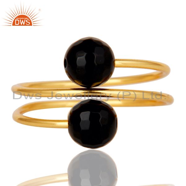 Exporter 14K Yellow Gold Plated Sterling Silver Natural Black Onyx Wire Adjustable Ring
