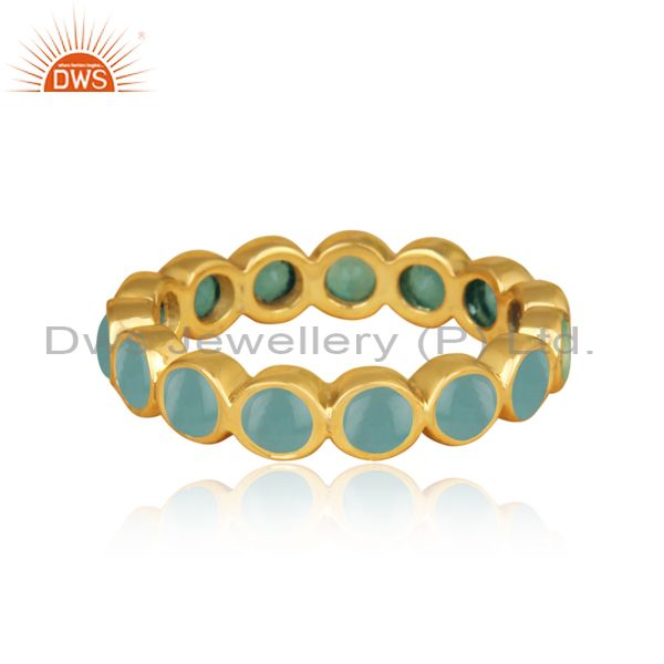 Suppliers Designer Aqua Chalcedony Gemstone Gold Plated 925 Silver Band Ring