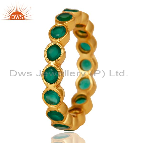 Exporter 18K Yellow Gold Plated 925 Sterling Silver Green Onyx Gemstone Little Band Ring