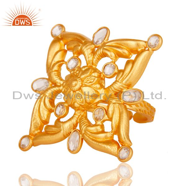 Suppliers 18k Gold Plated Sterling Silver Flower Design Ring with White Zircon
