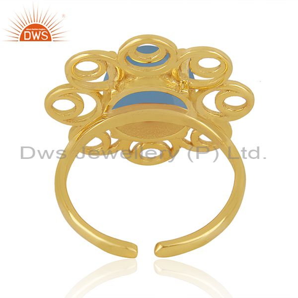 Best Selling Blue Chalcedony Gemstone Gold Plated Silver Floral Design Ring Manufacturer