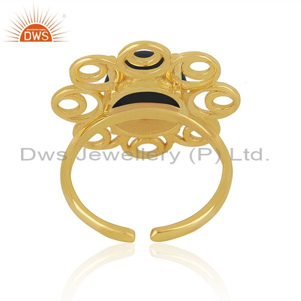Best Selling Black Onyx Gemstone 925 Silver Gold Plated Floral Design Ring For Girls Jewelry