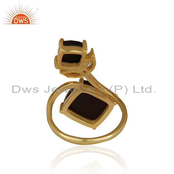 Suppliers 14k Gold Plated 925 Silver Black Onyx and Zircon Gemstone Double Finger Rings
