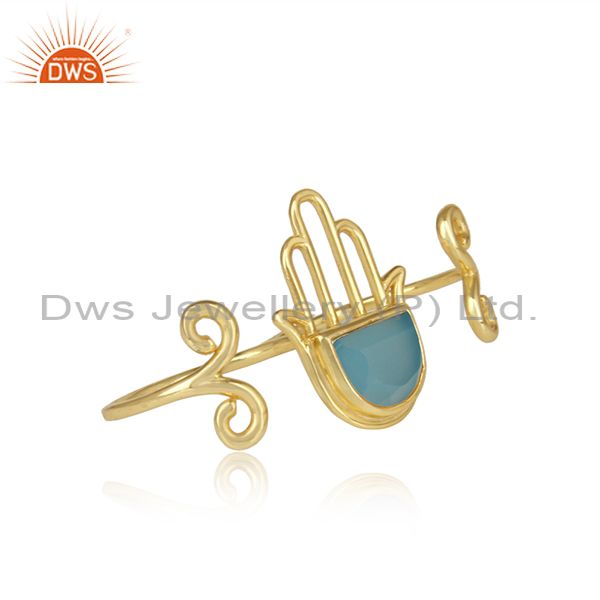 Blue Chalcedony Hasma Two Finger Gold Plated Silver Ring