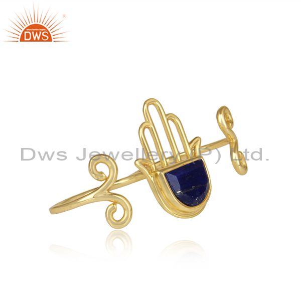 Lapis Lazuli Hamsa Two Finger Gold Plated 925 Silver Ring