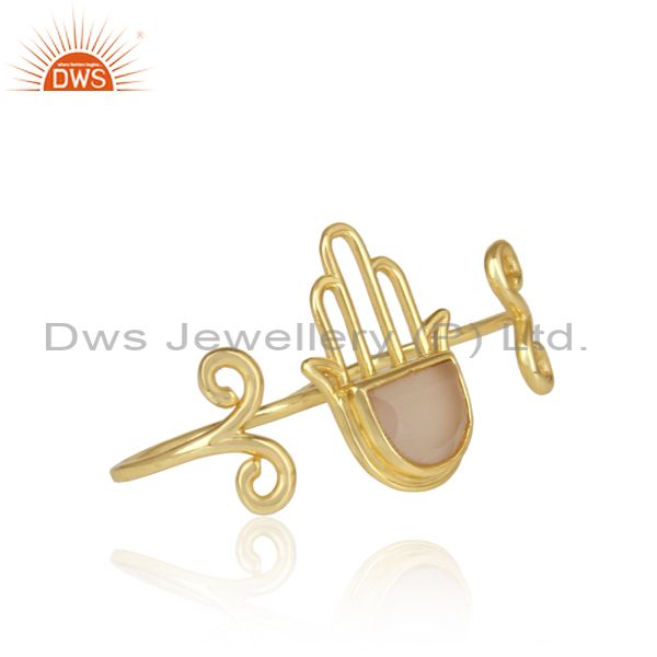 Gold On 925 Silver Rose Chalcedony Coin Hamsa Hand Ring