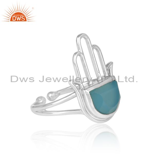 Blue Chalcedony Coin Fine Sterling Silver Hamsa Ring