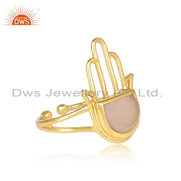 Rose Chalcedony Set Gold On 925 Silver Hamsa Designer Ring