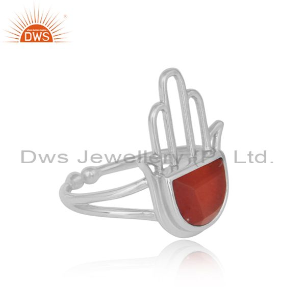 925 Silver Hamsa Hand Red Onyx Designer Ring
