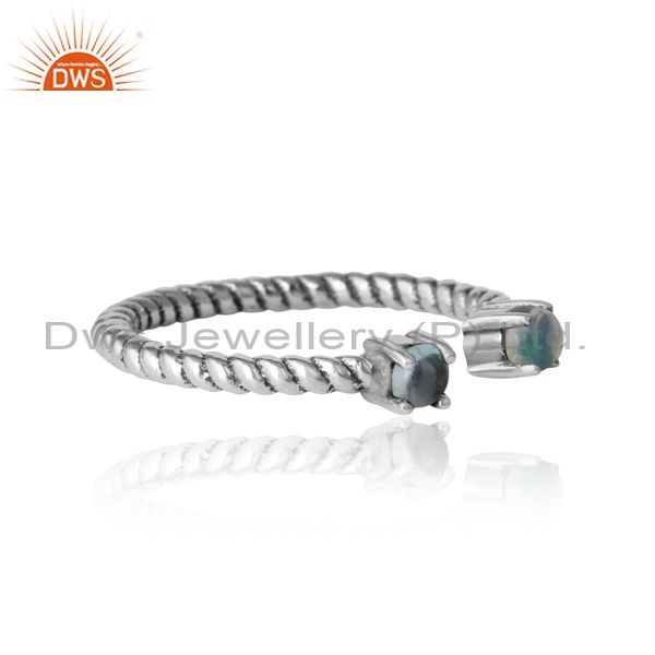 Designer of Dainty twisted ring in oxidized silver ethiopian opal blue topaz