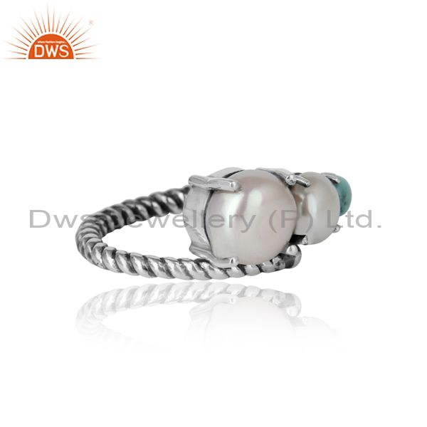 Designer of Handmade designer ring in oxidized silver pearl arizona turquoise