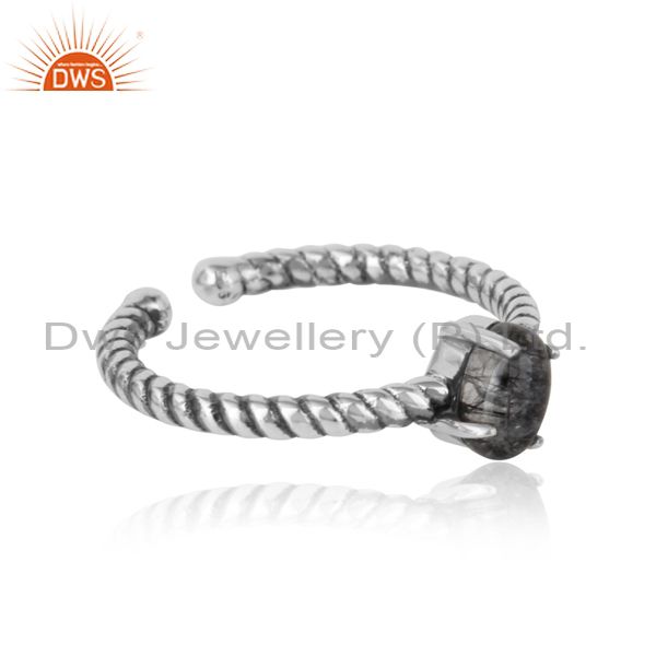 Designer of Dainty oxidized silver ring adorn with tilted natural black rutile