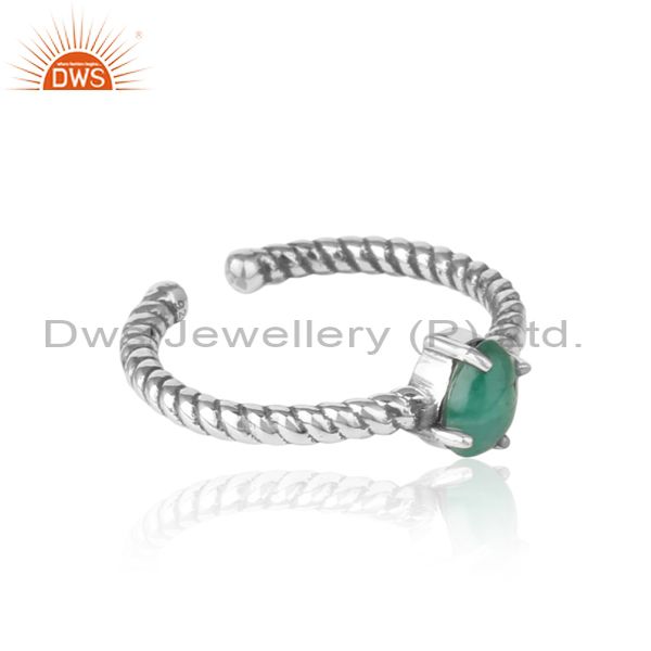 Designer of Dainty oxidized silver ring adorn with tilted natural emerald