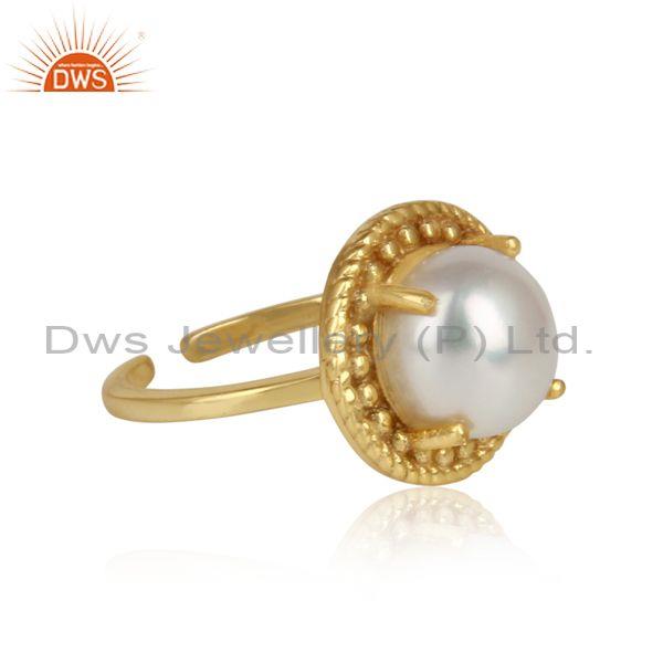 Handcrafted Adjustable Yellow Gold On Silver Ring With Pearl
