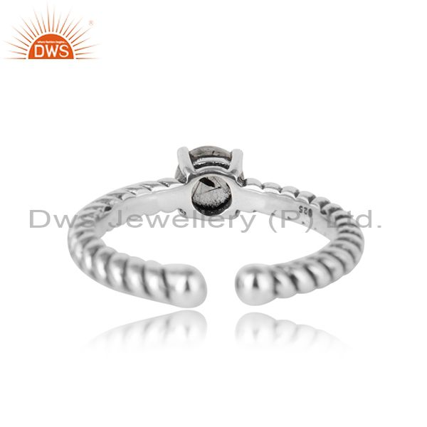 Designer Textured Black Rutile Ring In Oxidised Silver 925