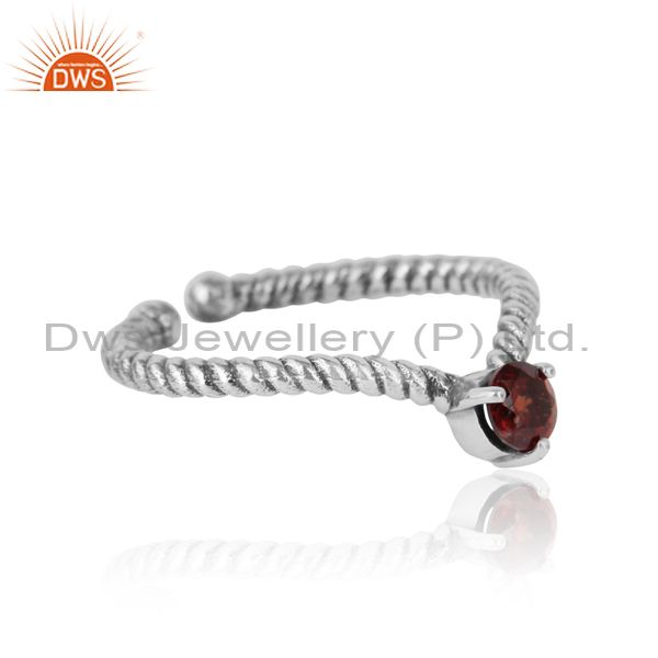Garnet Dainty Designer Twisted Ring In Oxidized Silver 925