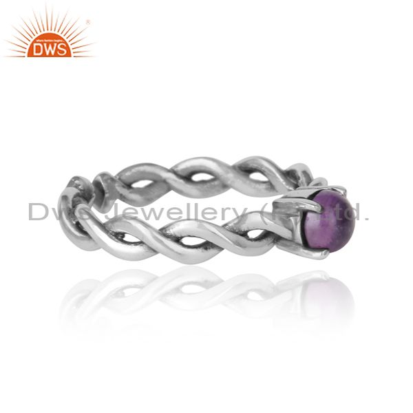 Designer of Dainty twisted ring in oxidized silver 925 with natural amethyst
