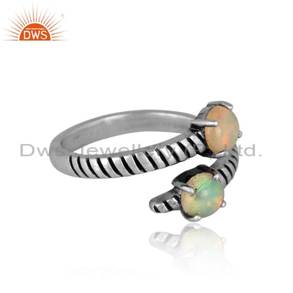 Handmade bypass ring in oxidised silver 925 and ethiopian opal